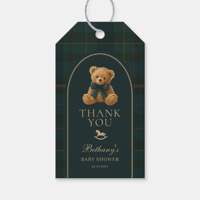Étiquettes-cadeau Classic Green Navy Plaid Teddy Bear Baby Shower (Devant)