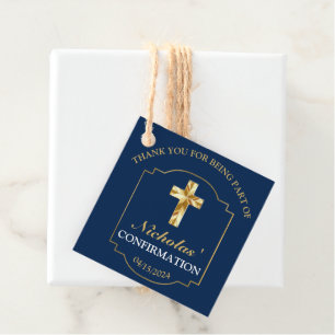 Étiquettes Cadeau Classic Navy Blue Gold Boys Confirmation Merci