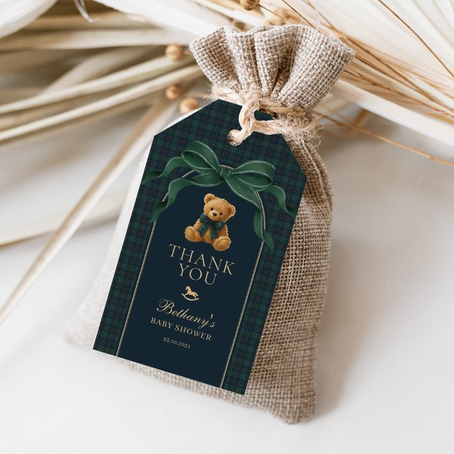 Étiquettes-cadeau Classic Polo Green Plaid Teddy Bear Baby Shower (Créateur téléchargé)