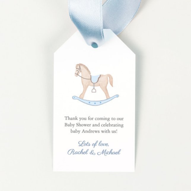 Étiquettes-cadeau Classic Rocking Horse Boy Baby shower Favoriser Ta (Elegant rocking horse baby shower favor tags with navy and white Greek Key reverse)