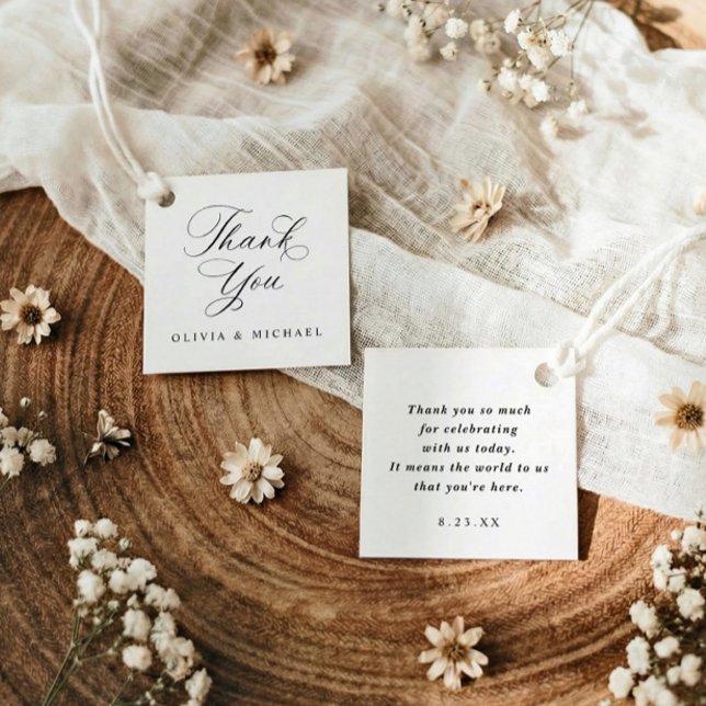 Étiquettes Cadeau Classic Simple Elegant Wedding Thank You (Classic black and white wedding favor tags with elegant calligraphy and traditional script)