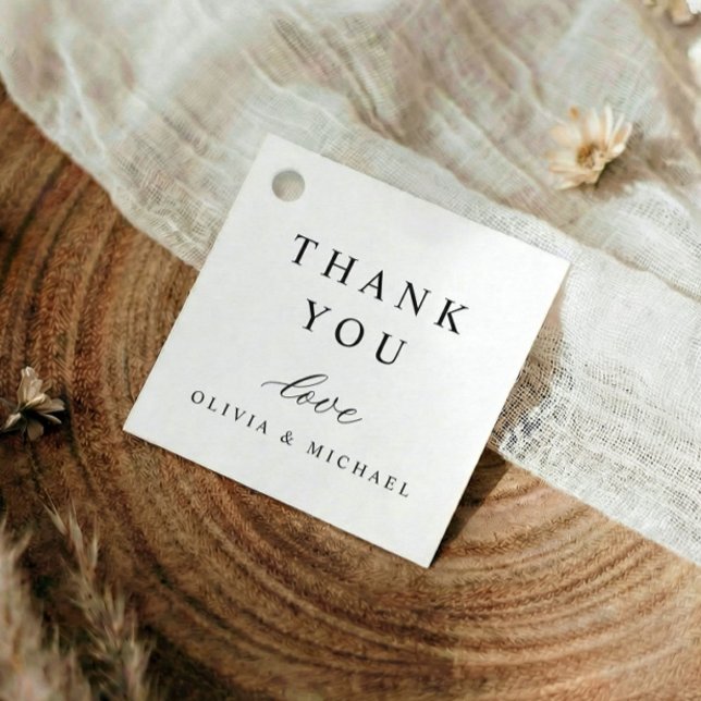 Étiquettes Cadeau Classic Simple Minimalist Wedding Thank You (Square wedding favor tags in black and white with clean design and formal look)