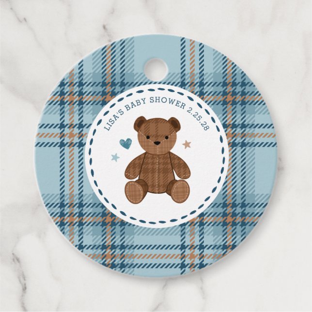 Étiquettes Cadeau Classic Tartan Plaid Teddy Bear, Baby Boy Shower  (Devant)
