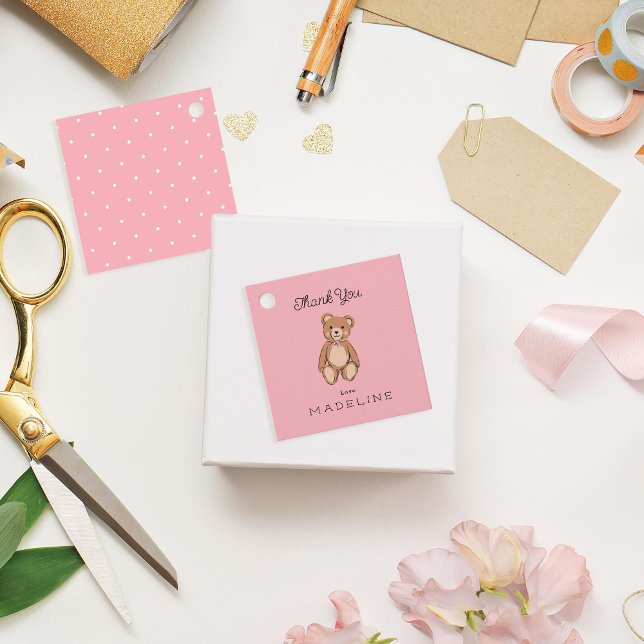 Étiquettes Cadeau Classic Teddy Bear Baby shower rose (Créateur téléchargé)