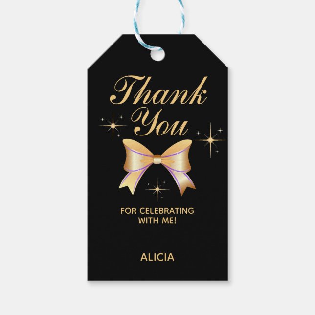 Étiquettes-cadeau Classy Gold Ribbon Girl Black Birthday Merci (Devant)