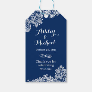 Étiquettes-cadeau Classy Marine Bleu Blanc dentelle Mariage Merci
