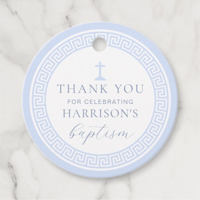 Étiquettes Cadeau Clé grecque Bleu Baptême bleu Merci (Devant)