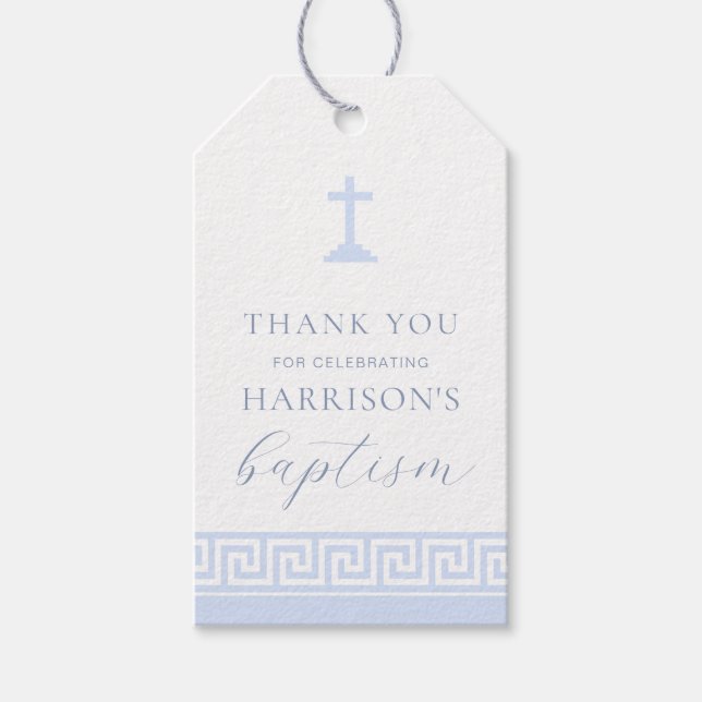 Étiquettes-cadeau Clé grecque Bleu Baptême bleu Merci (Devant)
