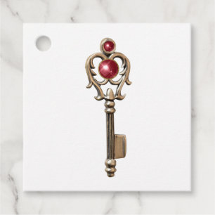 Étiquettes Cadeau Clé vintage avec pierre rouge rubis