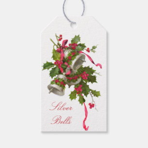 Étiquettes-cadeau Cloches d'argent vintages avec baies de Holly rose