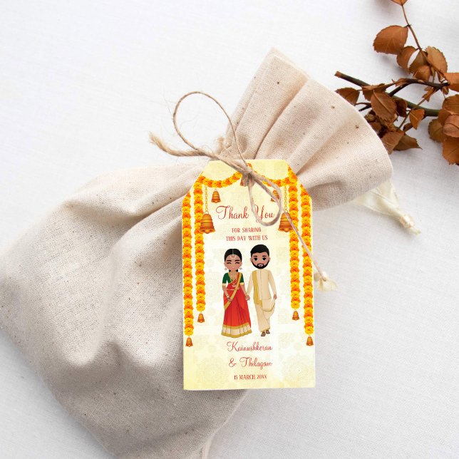 Étiquettes-cadeau Cloches des guirlandes de Marigold avec le mariage (Tamil wedding quirky wedding favor gift tags cute Tamil bridal couple marigolds favor tags)