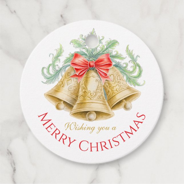 Étiquettes Cadeau Cloches d'or aquarelle vert rouge joyeux Noël (Devant)