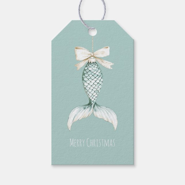 Étiquettes-cadeau Coastal Christmas Mermaid Bow Blue Beach Ocean   (Devant)
