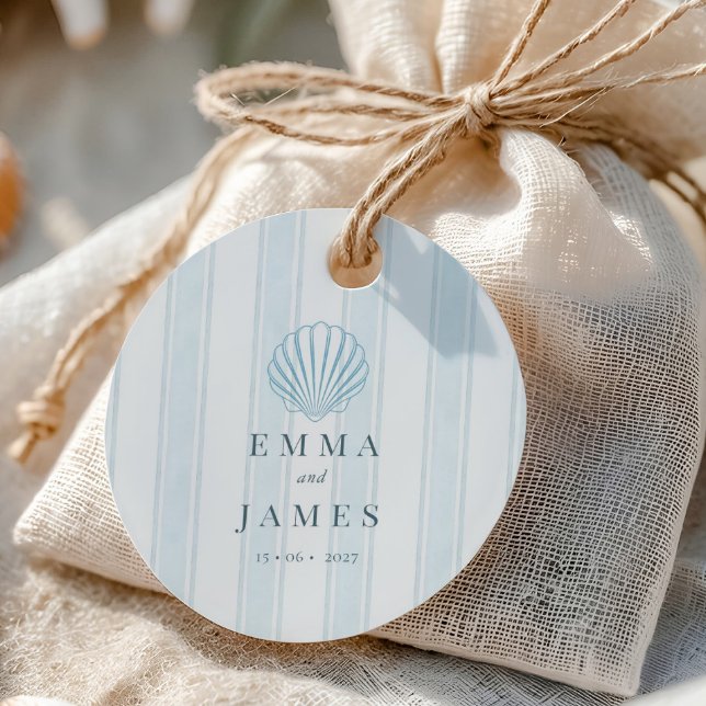 Étiquettes Cadeau Coastal Seashell White Blue Wedding  (Créateur téléchargé)