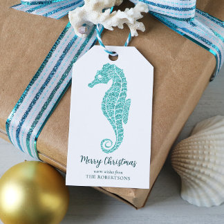 Étiquettes-cadeau Coastère Noël Hippocampe Aqua Bleu