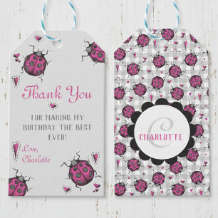 Étiquettes-cadeau Coccinelle rose vif et noir Merci pour mon anniver