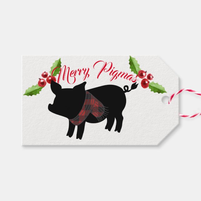 Étiquettes-cadeau Cochon Plaid De Buffalo Rouge Avec Écharpe (Devant (Horizontal))