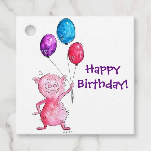 Étiquettes Cadeau Cochon rose géant avec ballons (Devant)