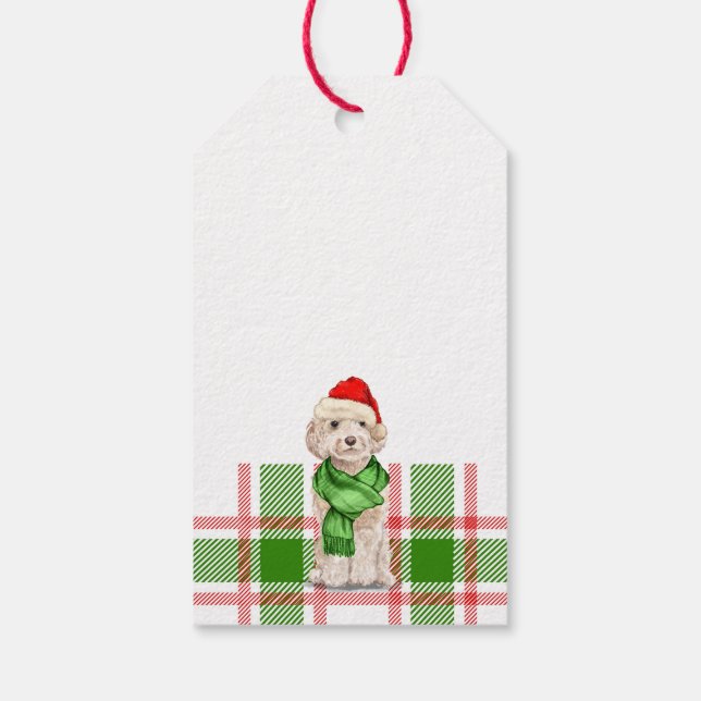Étiquettes-cadeau Cockapo rouge et vert plaid de Noël chien cadeau T (Dos)