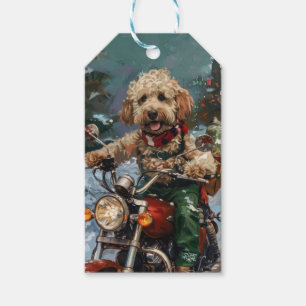 Étiquettes-cadeau Cockapoo Chien chevauchant la moto Noël