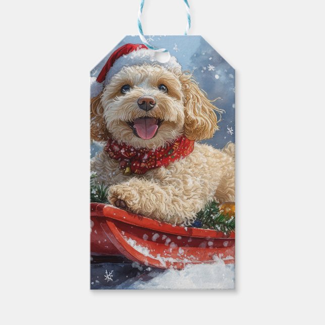 Étiquettes-cadeau Cockapoo Dog in Sledge Let it Neige Christmas (Devant)