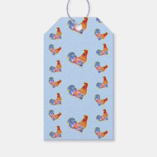 Étiquettes-cadeau Cockerel Rooster Rouge Drôle et Zones Bleues et Bl