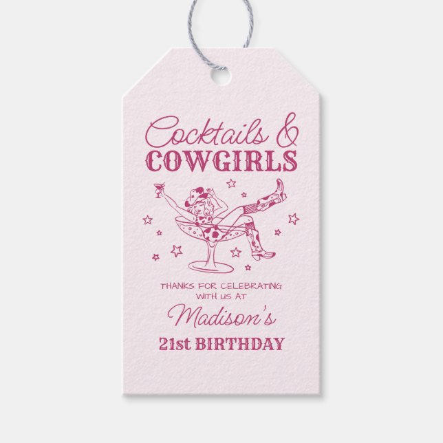 Étiquettes-cadeau Cocktails roses et rodéo de cow-girls pour un anni (Devant)