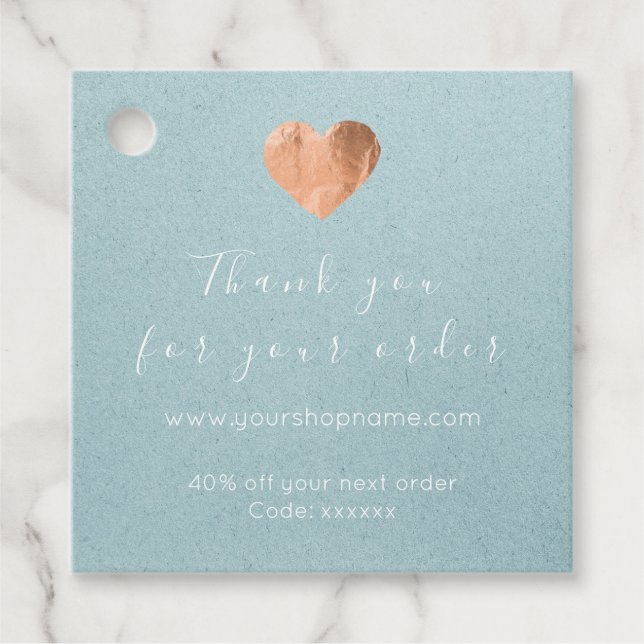 Étiquettes Cadeau Code de réduction Logo Coeur bleu Kraft Merci (Devant)