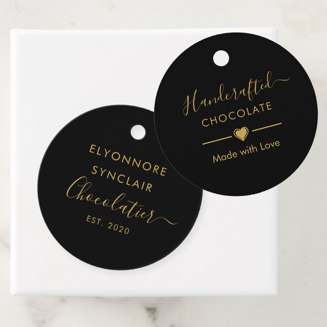 Étiquettes Cadeau Code QR Chocolatier élégant noir or script (Créateur téléchargé)