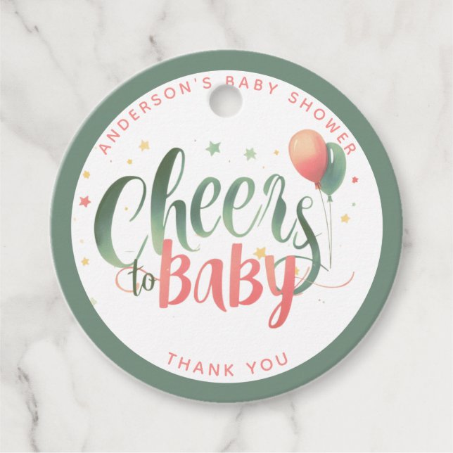 Étiquettes Cadeau COED Cheers Baby Sage Peach Bouteilles Brews Douch (Devant)