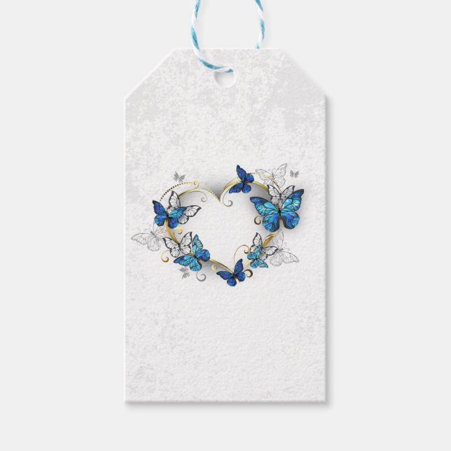 Étiquettes-cadeau Coeur bijoux avec papillons Morpho (Devant)