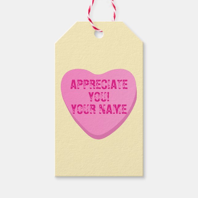 Étiquettes-cadeau Coeur bonbon avec Coeur texte rose personnalisé su (Devant)
