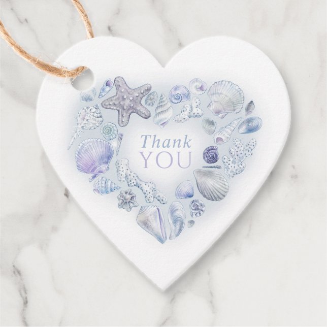 Étiquettes Cadeau Coeur coeurs shells merci plage bleu mariage (Devant)