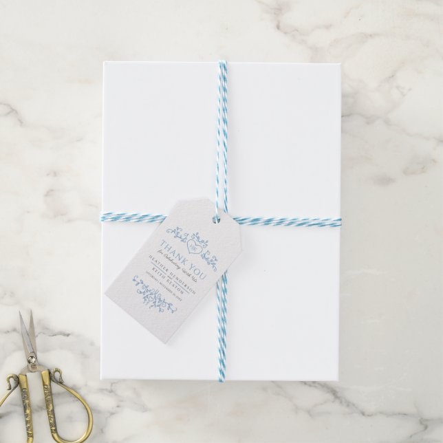 Étiquettes-cadeau Coeur d'art feuille monogramme bleu mariage merci  (Avec de laficelle)