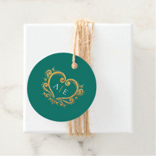Étiquettes Cadeau Coeur décoratif or monogramme vert mariage