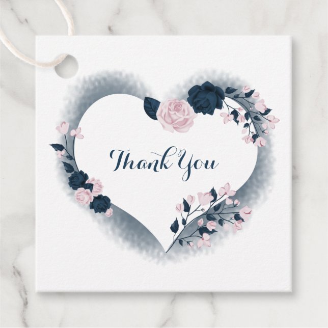 Étiquettes Cadeau coeur floral rose et marine merci (Devant)