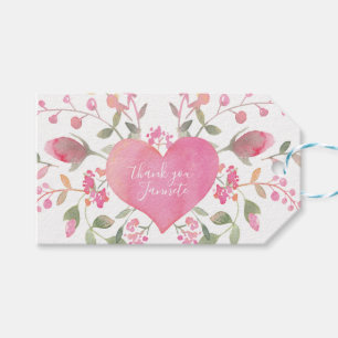 Étiquettes-cadeau Coeur rose et fleurs Fête des mariées Merci