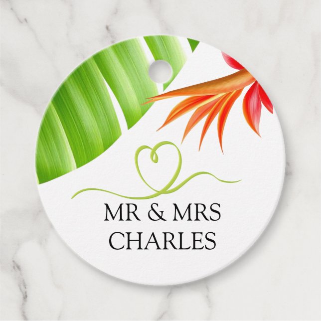 Étiquettes Cadeau Cœur Vert et Feuilles et Fleurs Tropicales (Devant)