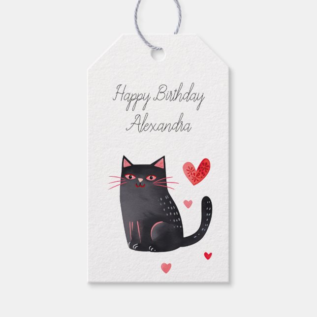 Étiquettes-cadeau Coeurs de chat rose noir Anniversaire (Devant)
