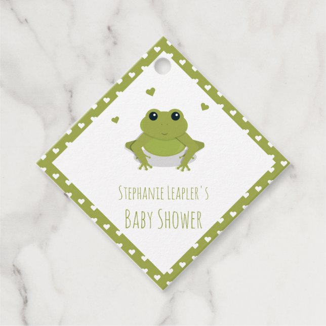 Étiquettes Cadeau Coeurs de grenouille verte Nom Baby shower (Devant)