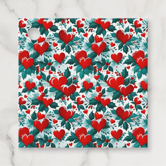 Étiquettes Cadeau Coeurs de Noël rouges neige et Holly (Devant)