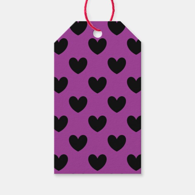 Étiquettes-cadeau Coeurs de polka noir sur violet (Devant)