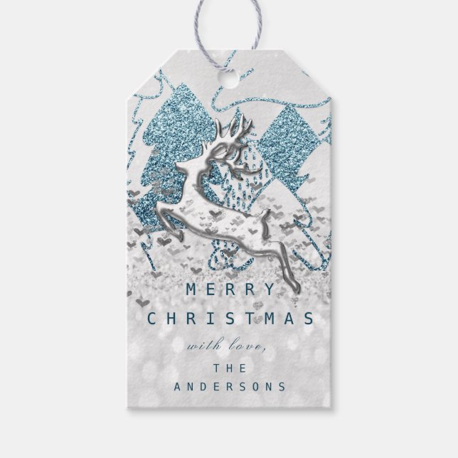 Étiquettes-cadeau Coeurs d'étincelle argent de Noël Reindeer 3D (Devant)