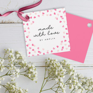 Étiquettes Cadeau Coeurs Roses Éparpillés Confetti Fabriqué Avec Amo