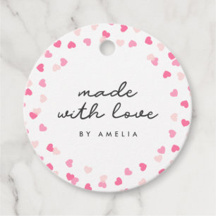 Étiquettes Cadeau Coeurs Roses Éparpillés Confetti Fabriqué Avec Amo