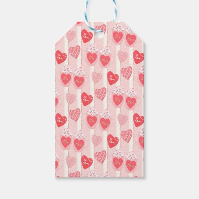 Étiquettes-cadeau Cœurs roses et blancs, Serpentins blancs (Devant)
