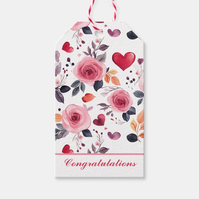 Étiquettes-cadeau Coeurs roses et Roses Félicitations (Devant)