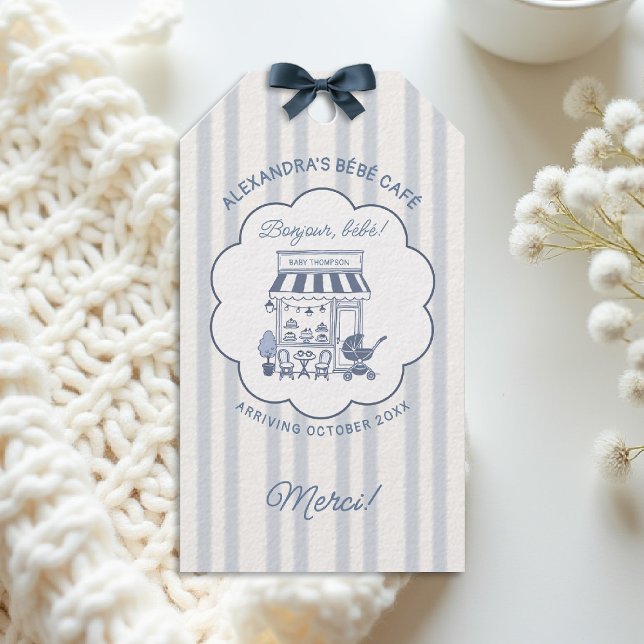 Étiquettes-cadeau Coffee Theme Bebe Brunch Dusty Blue Baby Shower (bebe cafe baby shower personalized gift tag coffee bonjour dusty blue stripes bow hand drawn brunch )