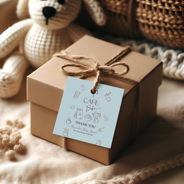 Étiquettes Cadeau Coffee Theme Blue Bow Cafe Bebe Boy Baby Shower (Créateur téléchargé)