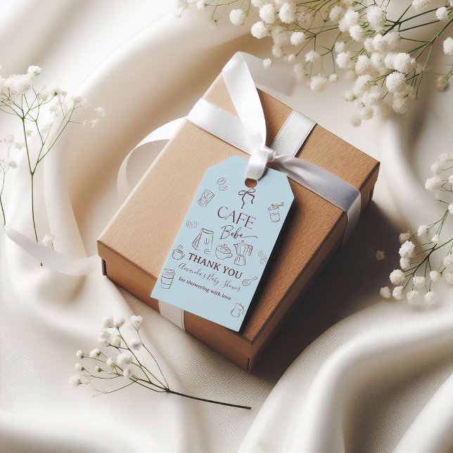 Étiquettes-cadeau Coffee Theme Blue Bow Cafe Bebe Boy Baby Shower (Créateur téléchargé)